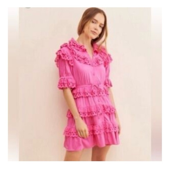 CeliaB Pink Ruffled Puff Sleeve satin Mini Dress nwt size Small - Picture 1 of 14